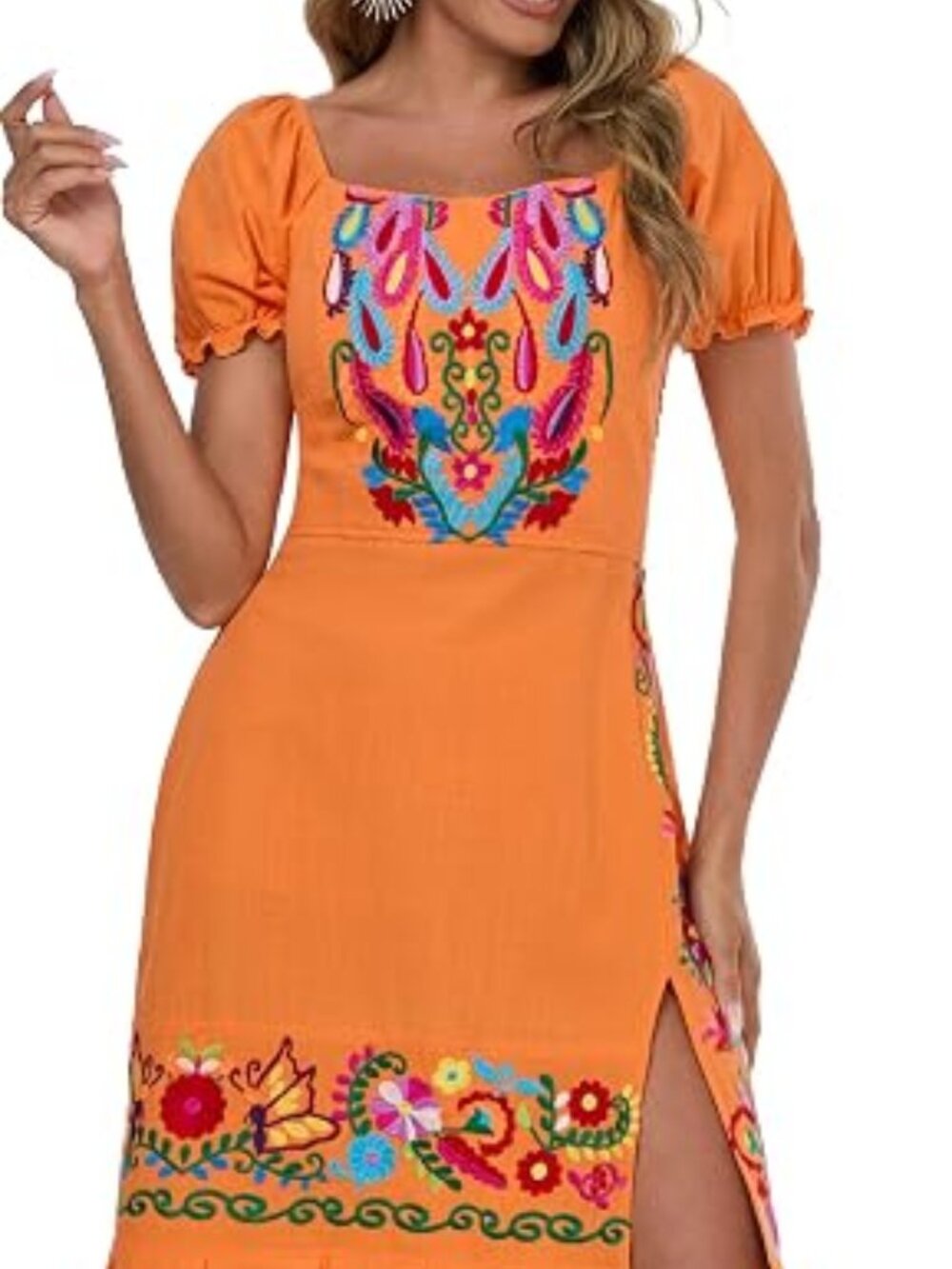 Women Mexican Boho Floral Embroidered Split Midi Dress Puff Sleeve Sundress
